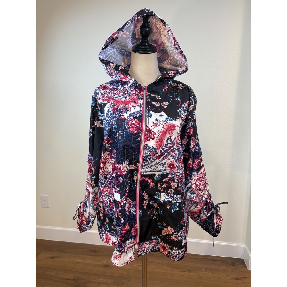 Chico's Zenergy Windbreaker Sz 3 16/18 Black Pink‎ Floral Hooded Packable Jacket